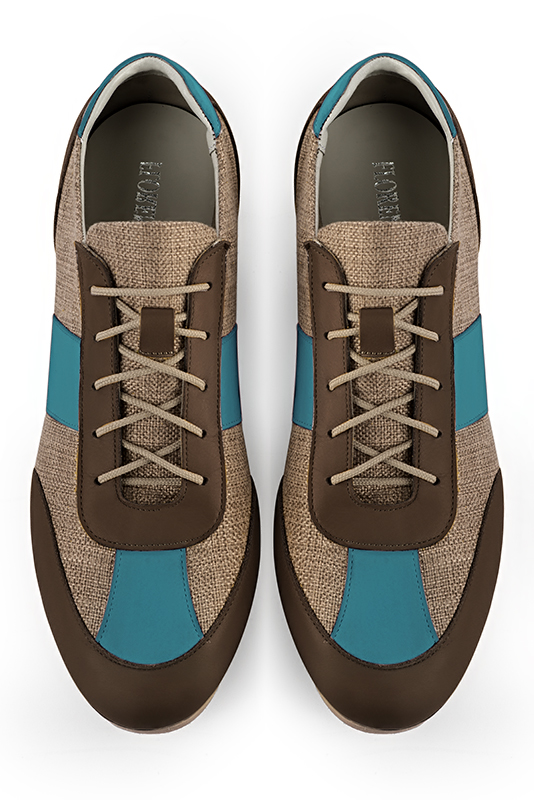 Dark brown and peacock blue two-tone dress sneakers for men. Round toe. Flat rubber soles. Top view - Florence KOOIJMAN